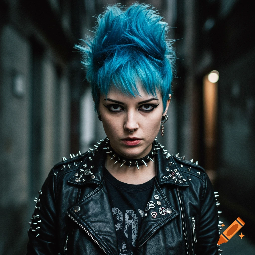A woman with blue punk hair, a spiked collar, and a studded leather jacket looks intently at the camera.
