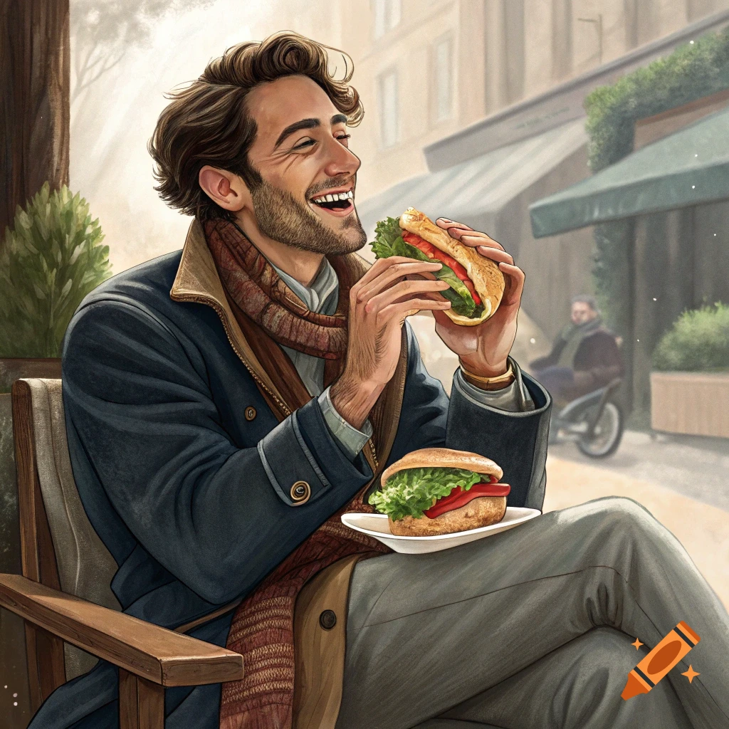 An illustrated man smiling while eating a sandwich outside.