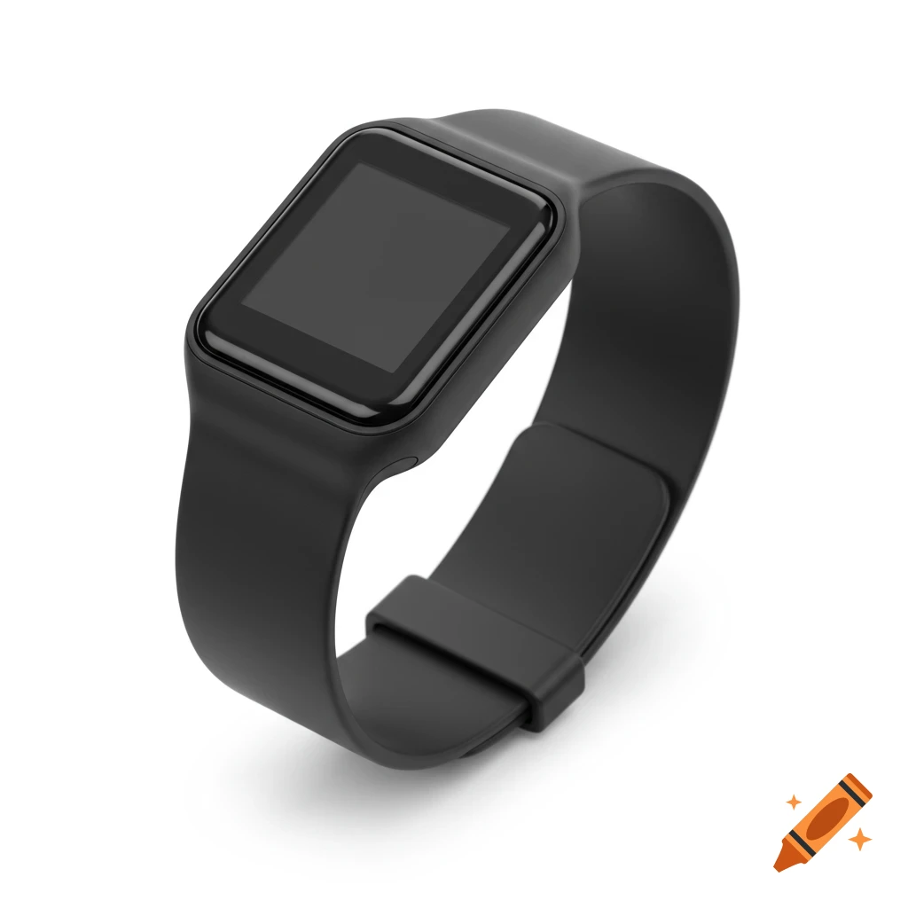 A black wristband with a blank screen on a white background