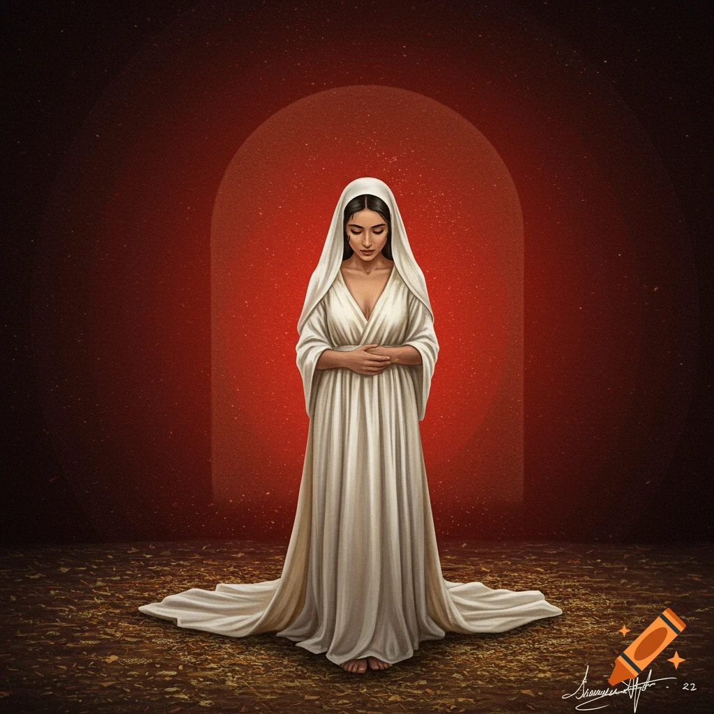 A woman in a white draped dress stands in an arched doorway in a red room.