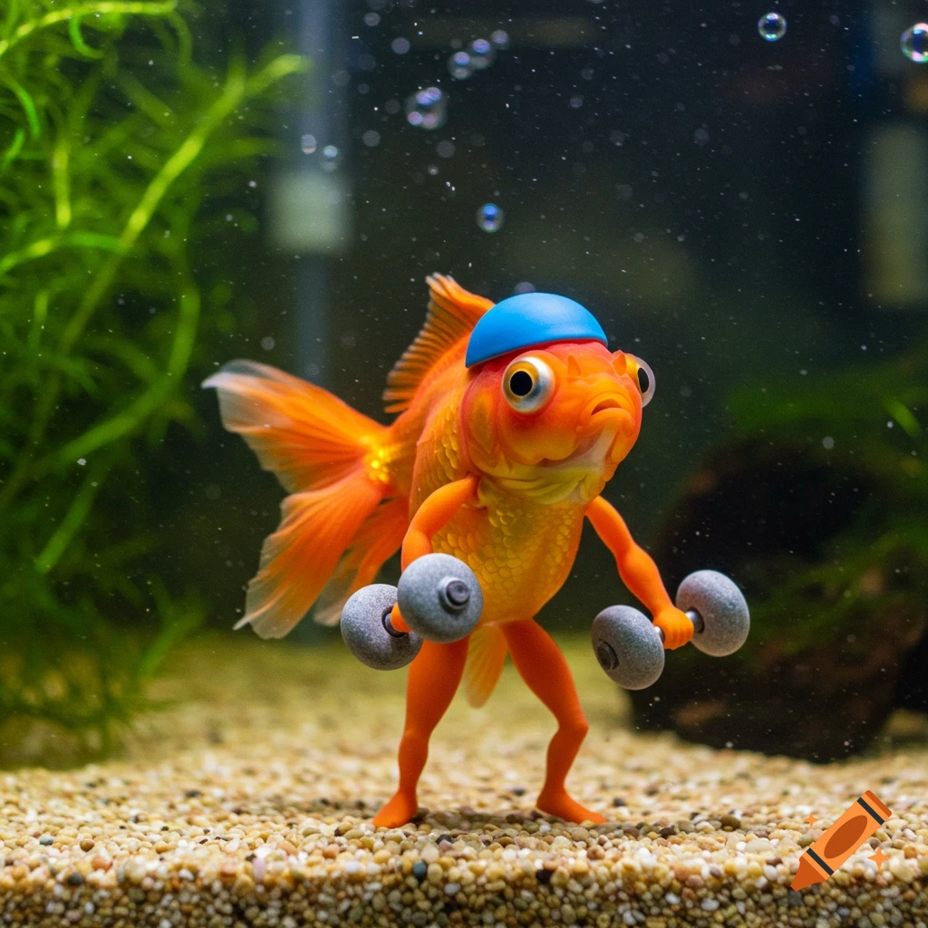 A goldfish with human-like legs and arms wearing a blue cap and lifting dumbbells underwater.
