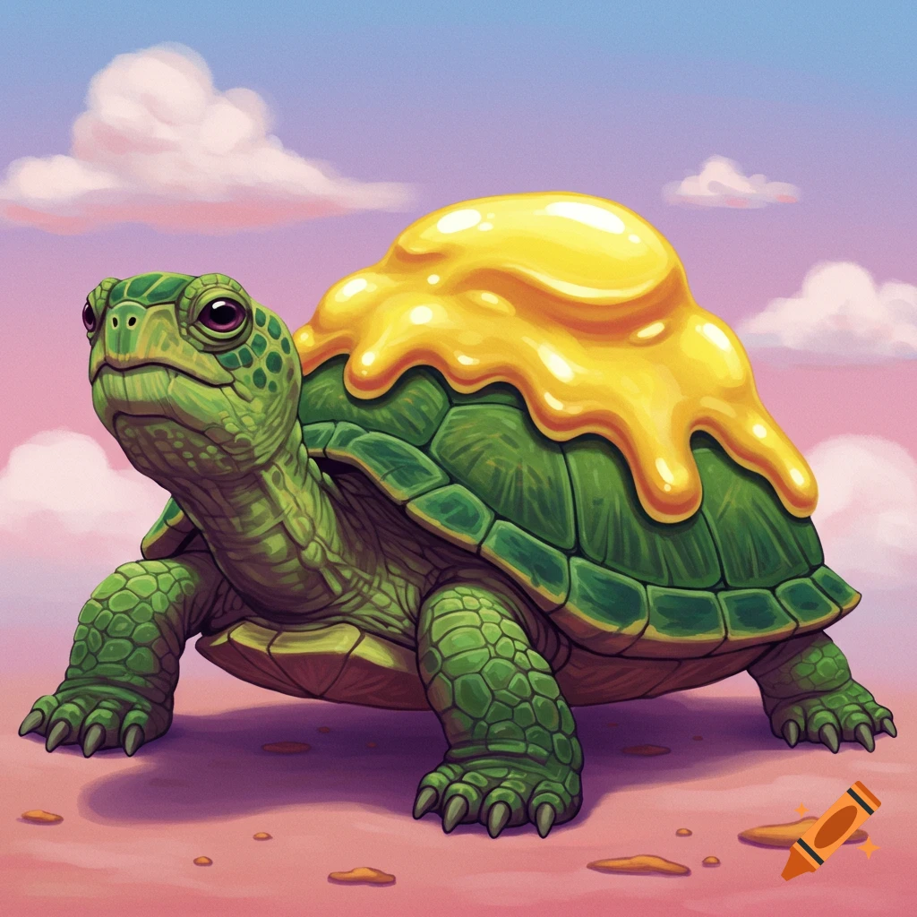 A turtle with yellow liquid covering its shell, standing on sandy ground.