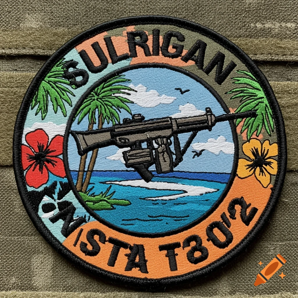 Circular embroidered patch featuring a rifle, tropical beach scene with palm trees, and text 'SULRIGAN VISTA T30'2' on a green textile background.