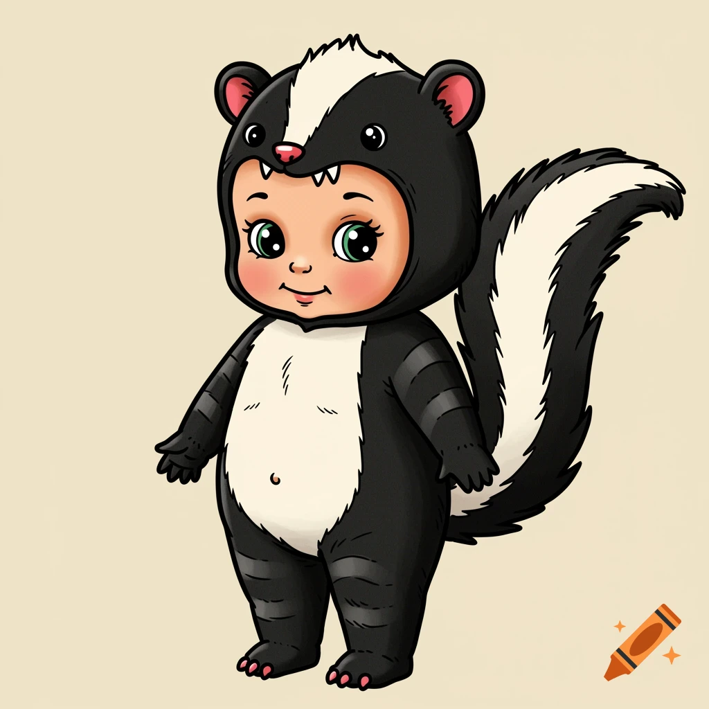 Illustration of a baby in a skunk costume.
