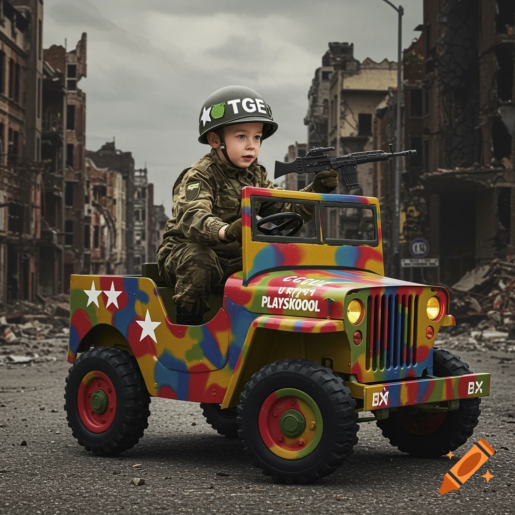 Young child in soldier costume drives a colorful toy jeep through a ruined city street