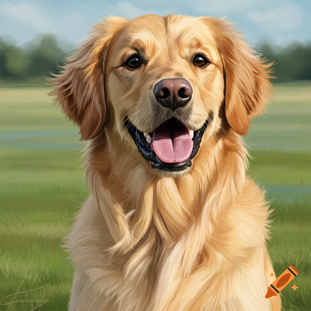 a golden retriever dog smiling in a grassy field.