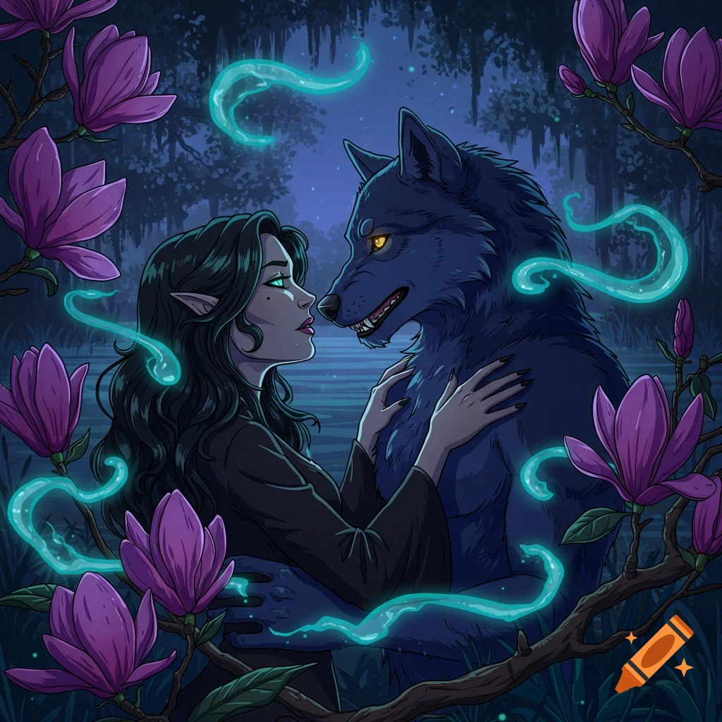 Illustration of a woman and wolf creature embracing in a dark, flowery bayou with glowing blue energy.