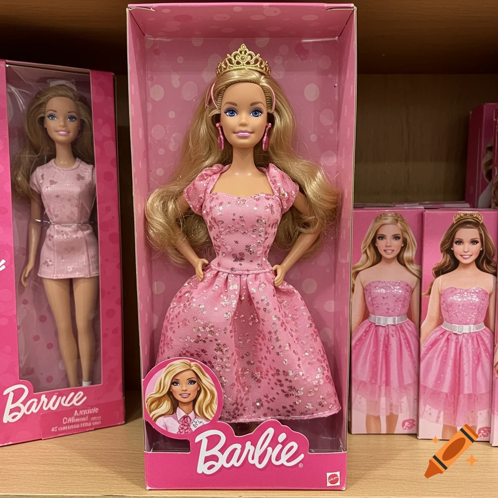 A Barbie doll in a pink dress and tiara in a box, on a shelf with other Barbie dolls.