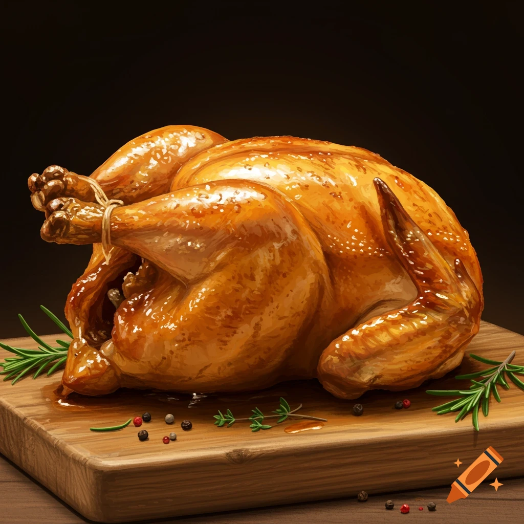 A roasted chicken is presented on a wooden cutting board, garnished with herbs and peppercorns.