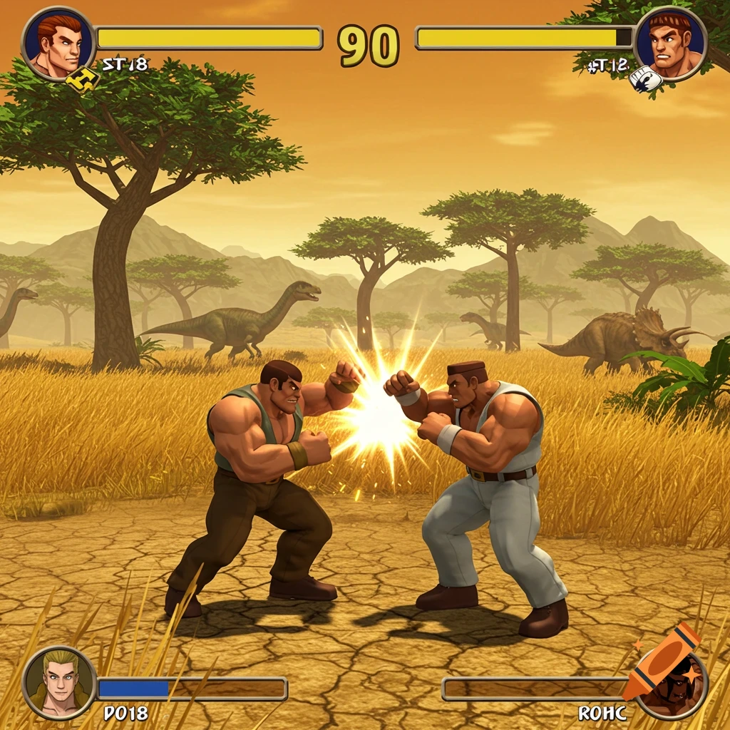 Two fighters punch each other in a savanna landscape with dinosaurs, featuring 3D fighting game graphics and UI elements.
