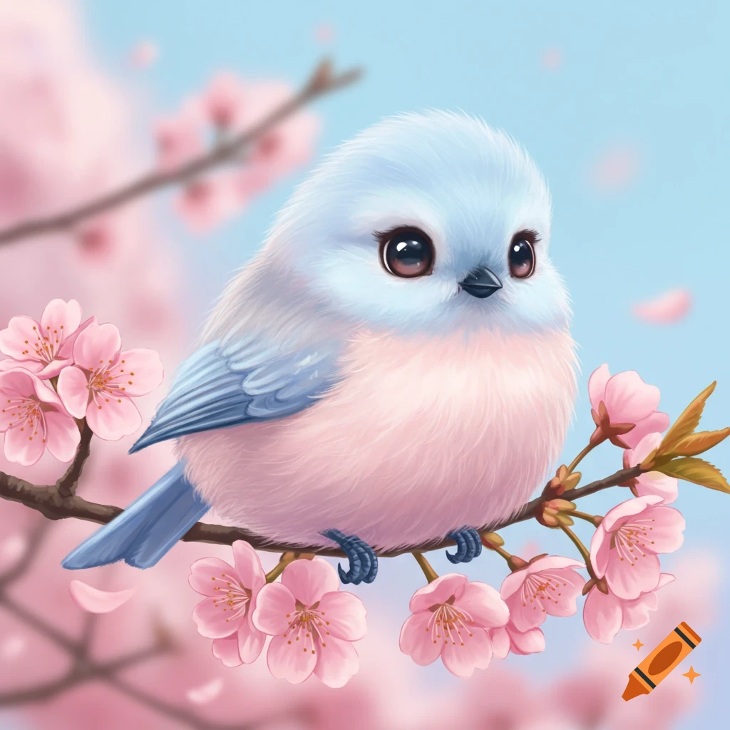 Cute fluffy bird sitting on a cherry blossom branch.