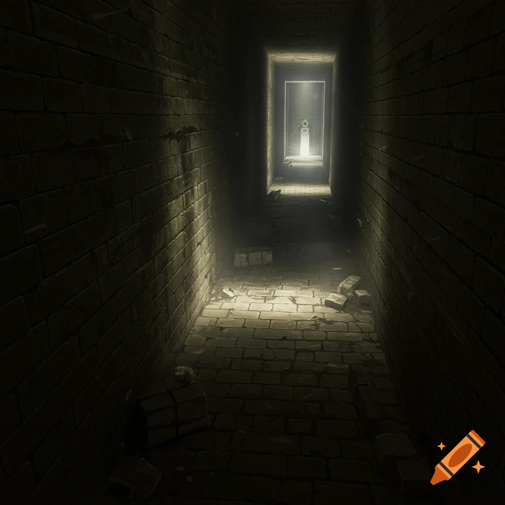 A dark stone corridor leading towards a bright light