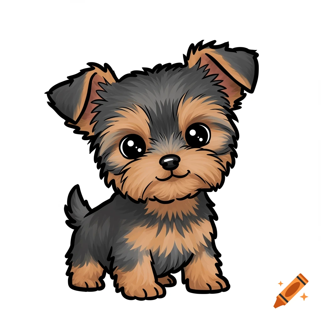 A cute cartoon style illustration of a small Yorkie puppy with black and brown fur, large eyes, and upright ears on a white background.