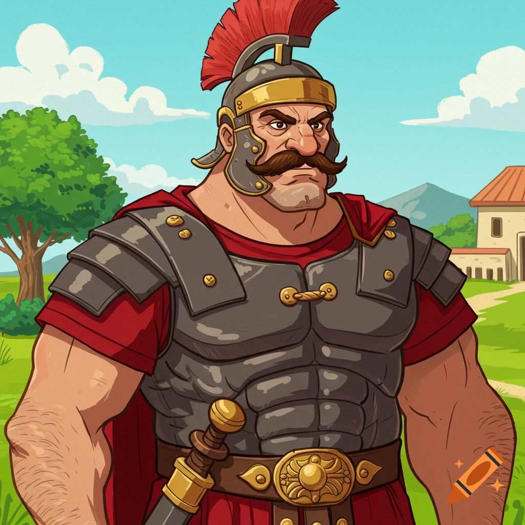 A cartoon of a muscular Roman commander in armor with a mustache, standing in a grassy field.