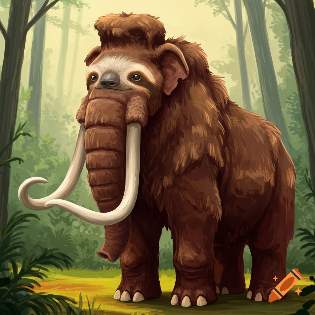 A sloth-mammoth hybrid stands in a forest.