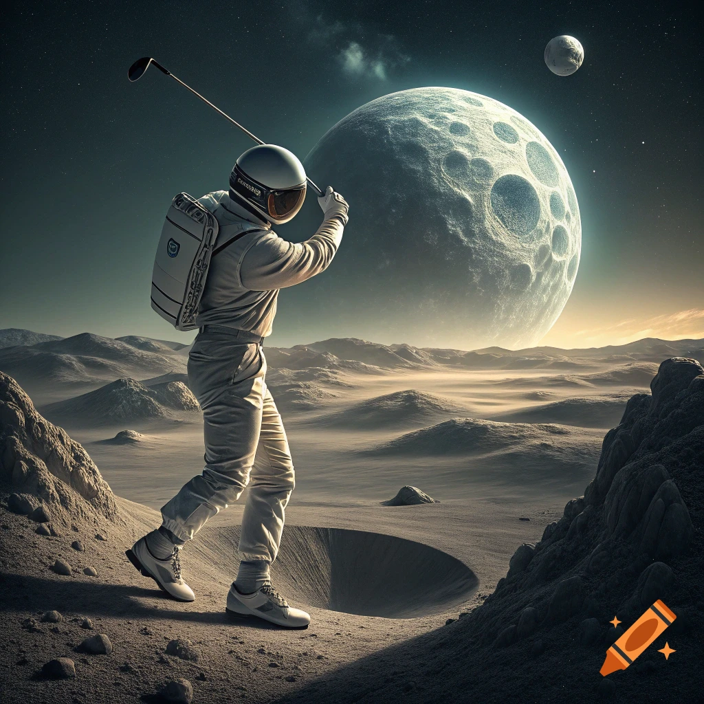 An astronaut swings a golf club on the moon with a large moon in the background. Photorealistic digital art.