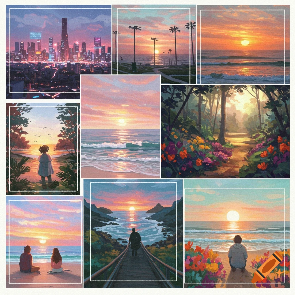 A collage of colorful imagery featuring diverse landscapes like a city, beaches, forests, and figures watching sunsets.