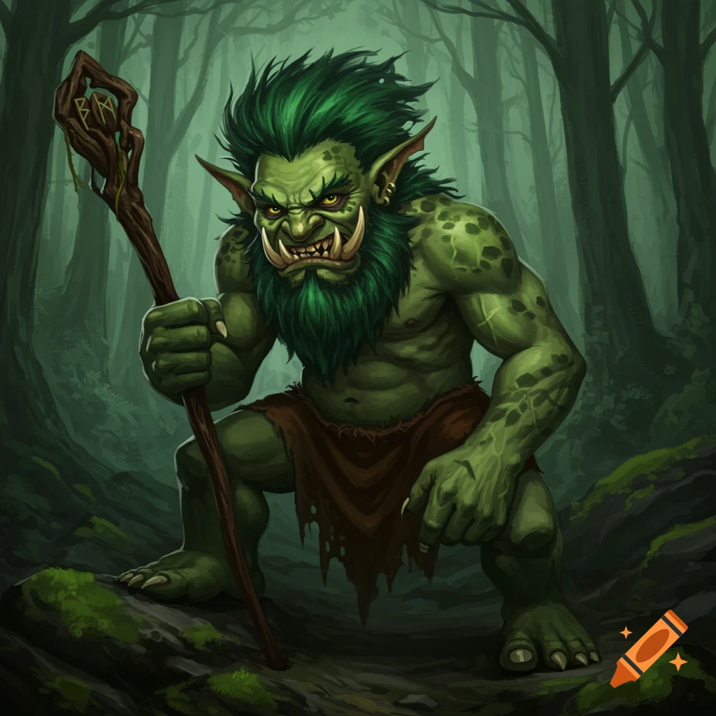 A green troll with a beard, tusks, and a staff sits on a rock in a dark forest.