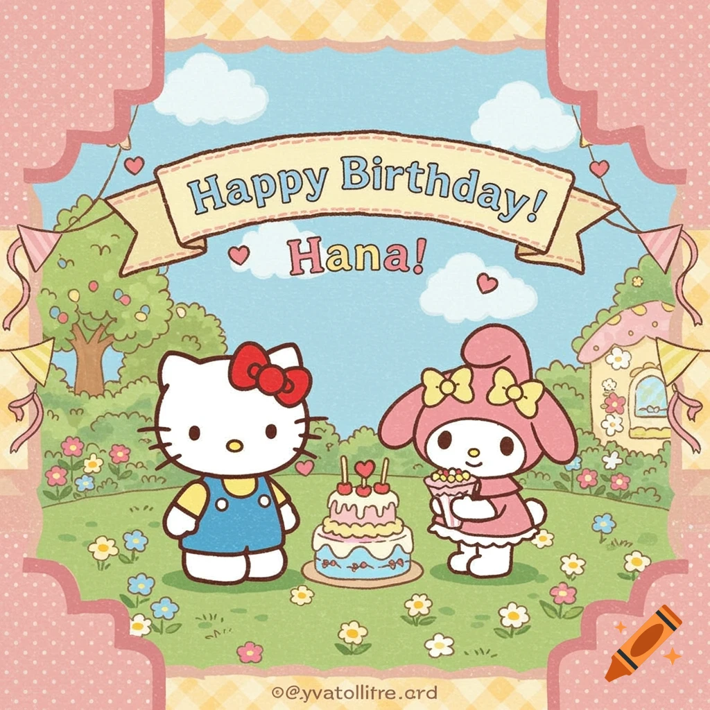 Hello Kitty and My Melody celebrate Hana's birthday with cake under a Happy Birthday banner in a cute cartoon illustration.