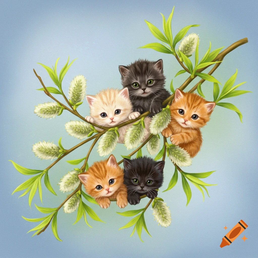 Five cute kittens (orange, black, and cream) sitting on a branch with green leaves and fuzzy white buds.