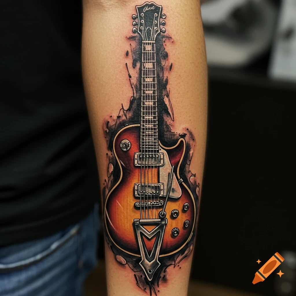 Realistic tattoo of a Les Paul guitar on a forearm with watercolor splatters.