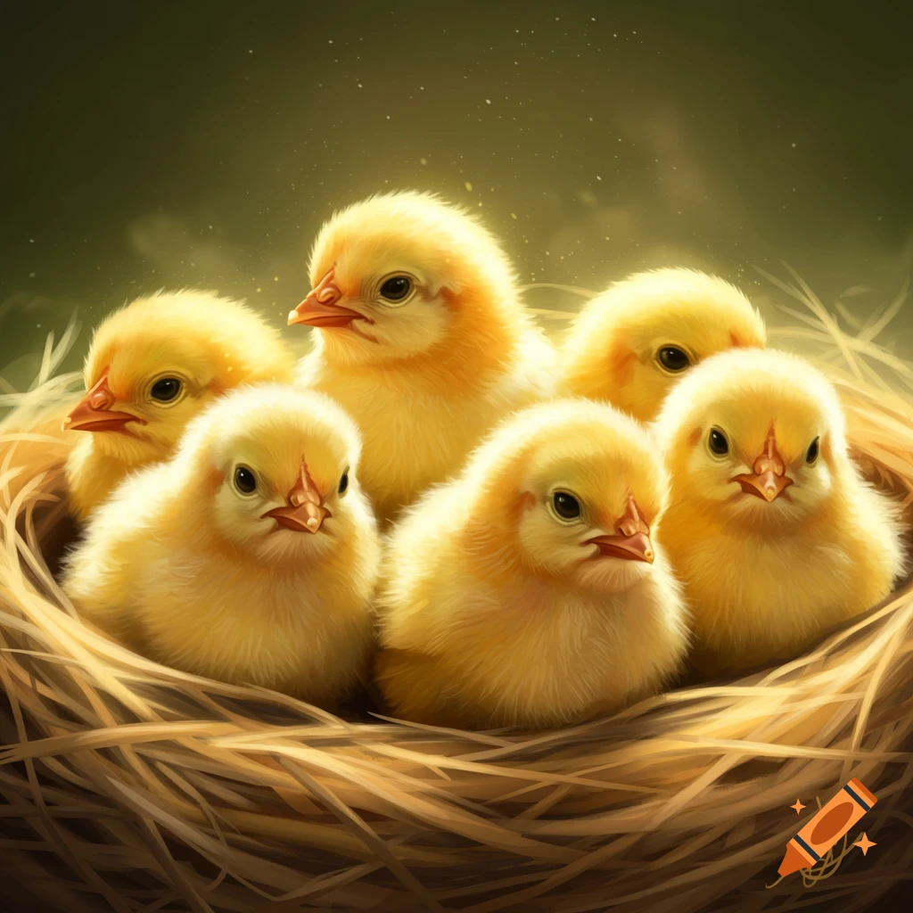 Fluffy yellow baby chicks huddled in a nest.