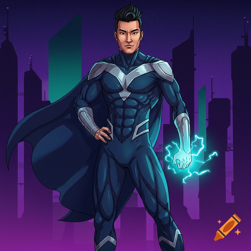 An illustration of an Asian superhero in a blue suit with a cape, holding lightning, against a futuristic city skyline.