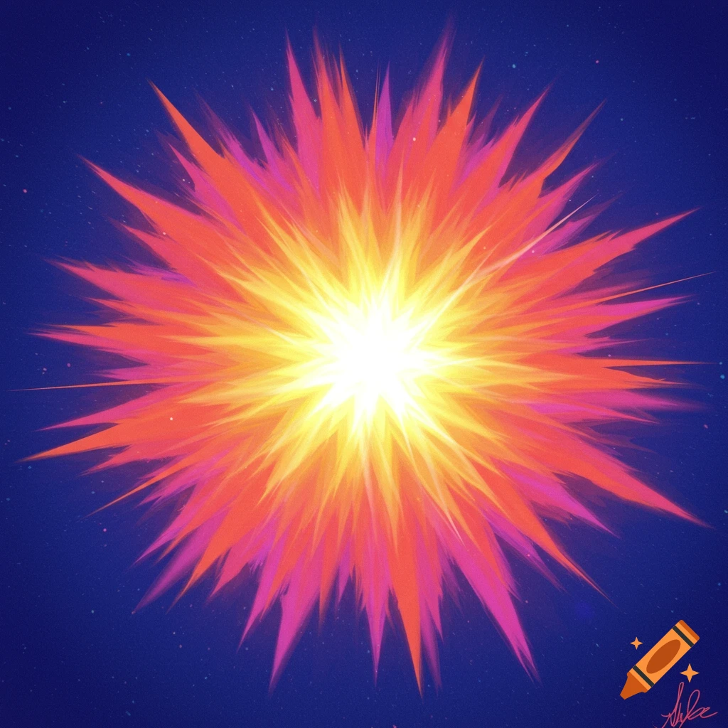 A bright, spiky burst of light in yellow, orange, and pink against a starry blue background.