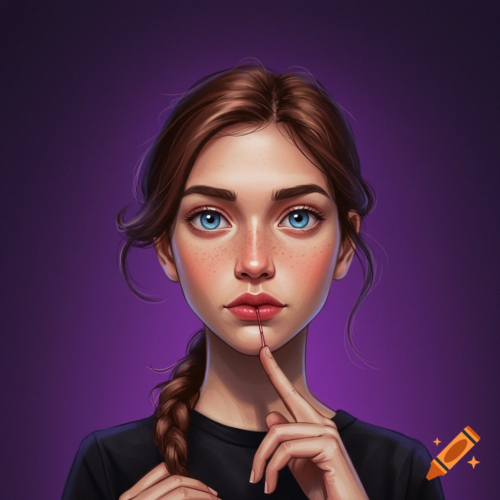 Portrait of a young woman with blue eyes, freckles, and a braid, pulling a thread from her lips.
