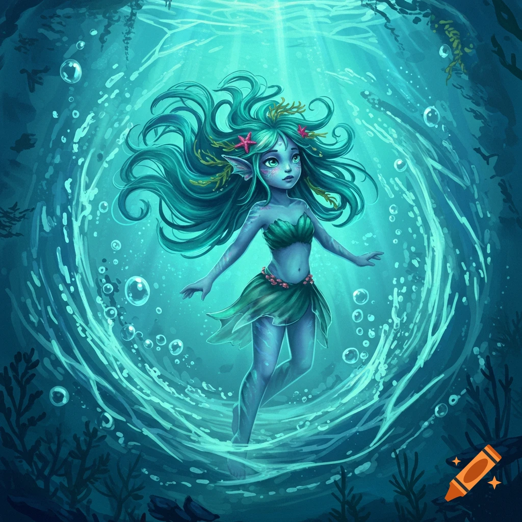 A blue-skinned water fairy with green hair and tail swimming underwater.