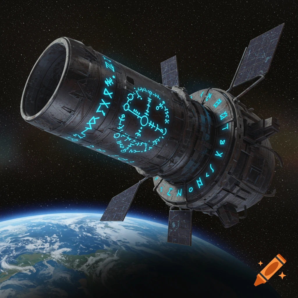 An ancient satellite cannon covered in glowing blue symbols orbiting Earth.