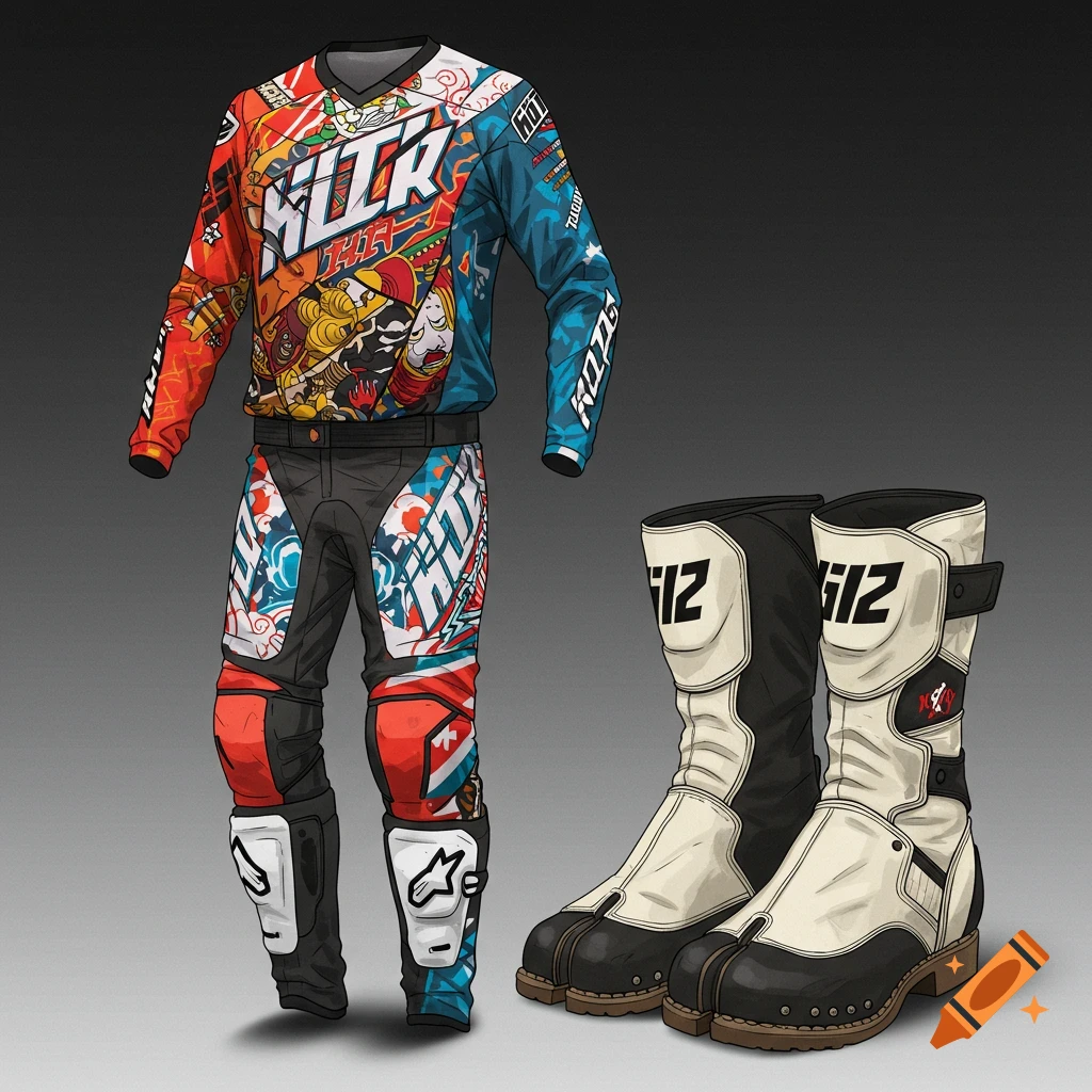 A colorful motocross suit and split-toe boots.