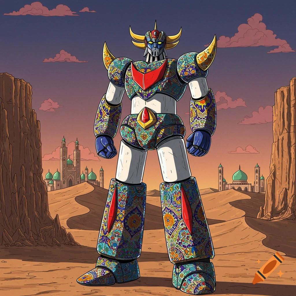 Large mecha robot with colorful patterns stands in a desert with buildings in the background.
