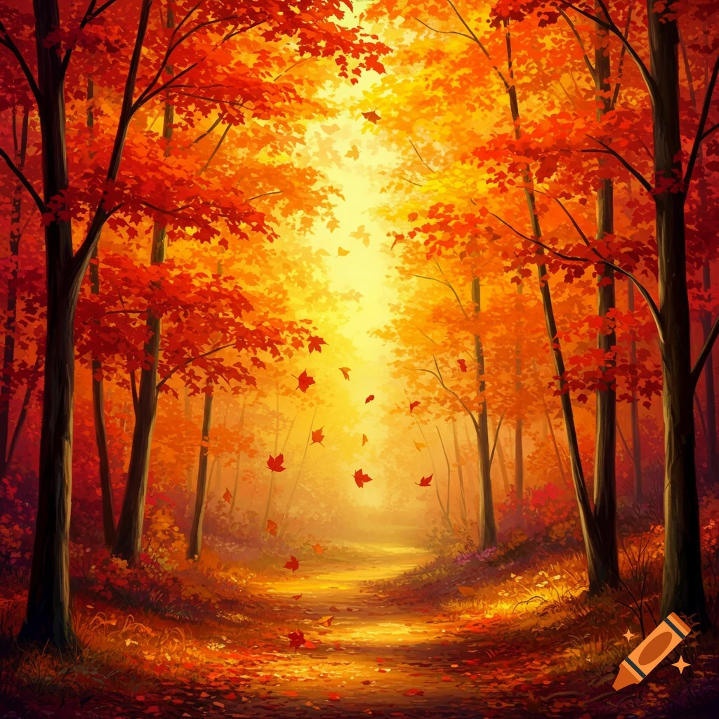 An autumn forest path with red and orange trees and falling leaves