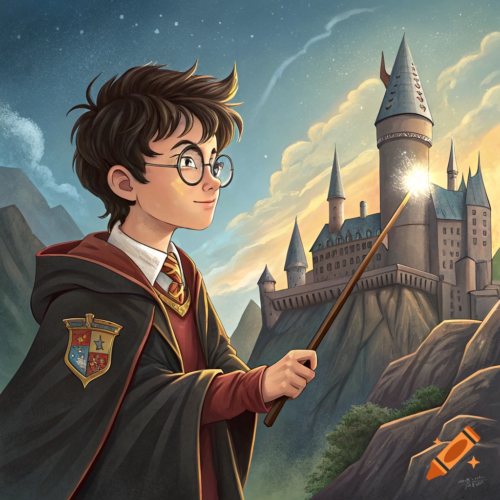 Cartoon illustration of a young wizard holding a glowing wand towards a castle at sunset.