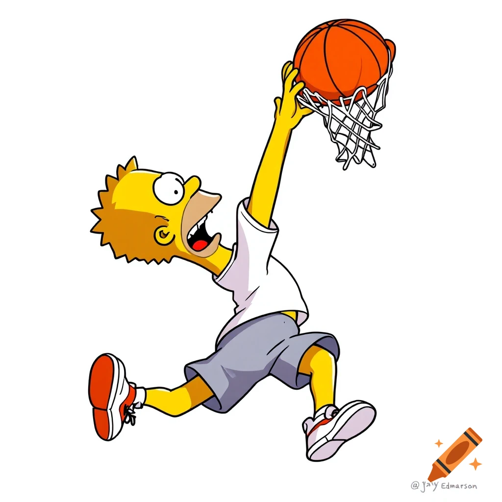 A cartoon character in the style of The Simpsons dunks a basketball against a white background.