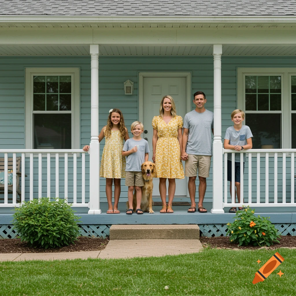 A family with two children and a dog standing on the porch of a blue house.