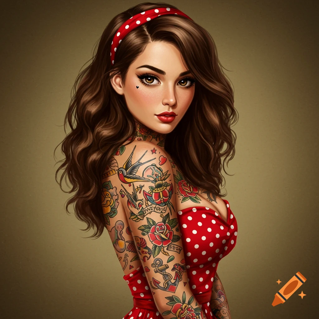 A pin-up girl with traditional tattoos is wearing a red and white polka dot dress.
