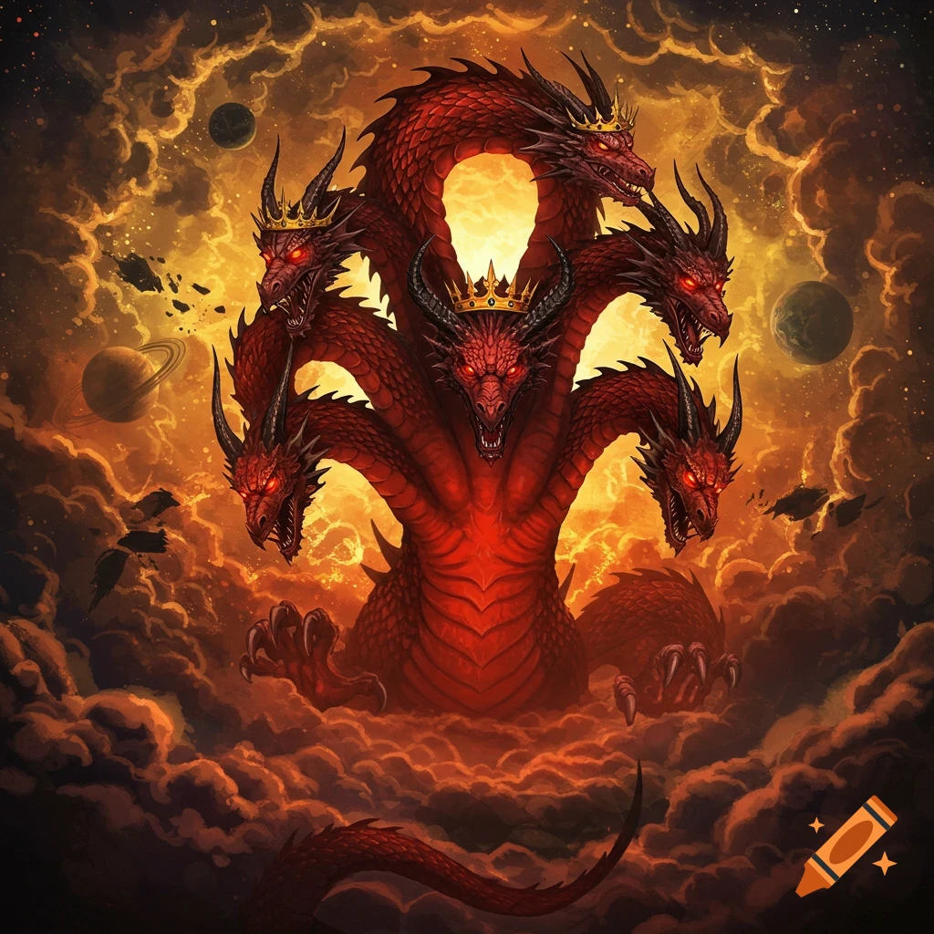 A red seven-headed dragon wearing crowns amidst fiery clouds and planets.