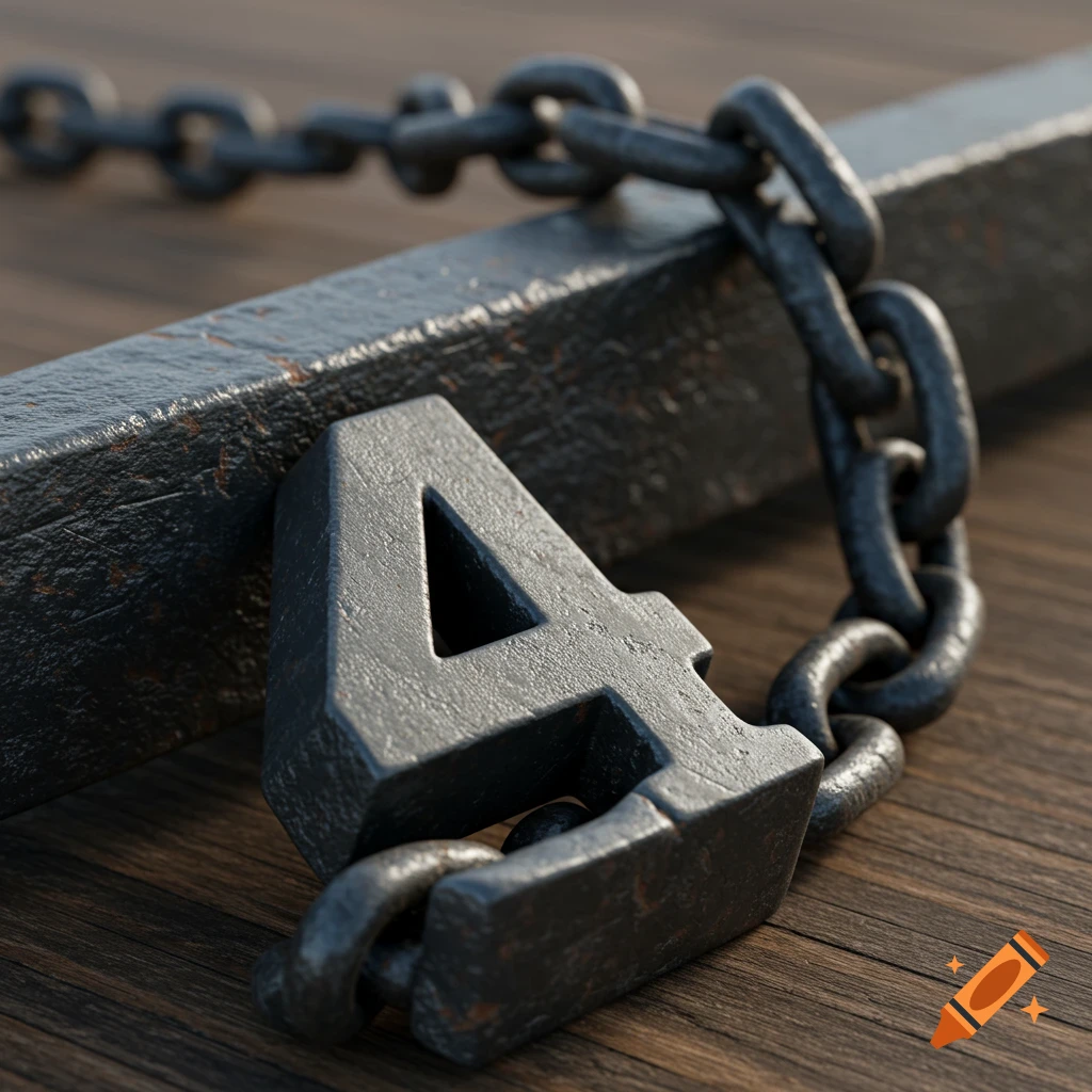 Close-up of a textured metal number 4 chained to a dark metal beam on a wooden surface.