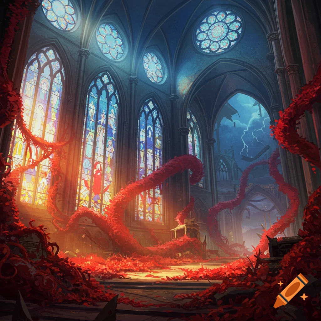 A fantasy cathedral interior overgrown with blood-red foliage