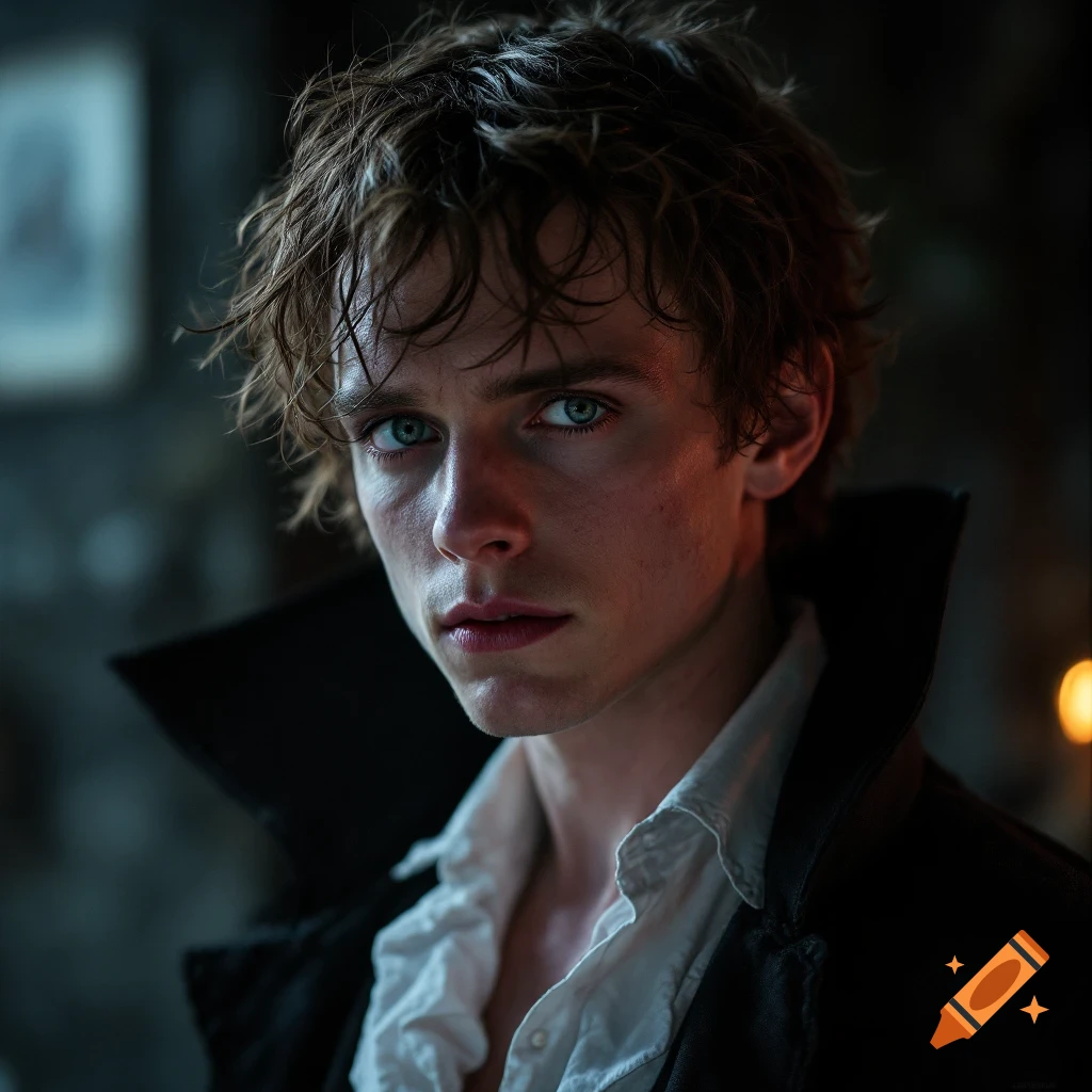 Photorealistic portrait of a young man dressed as a vampire