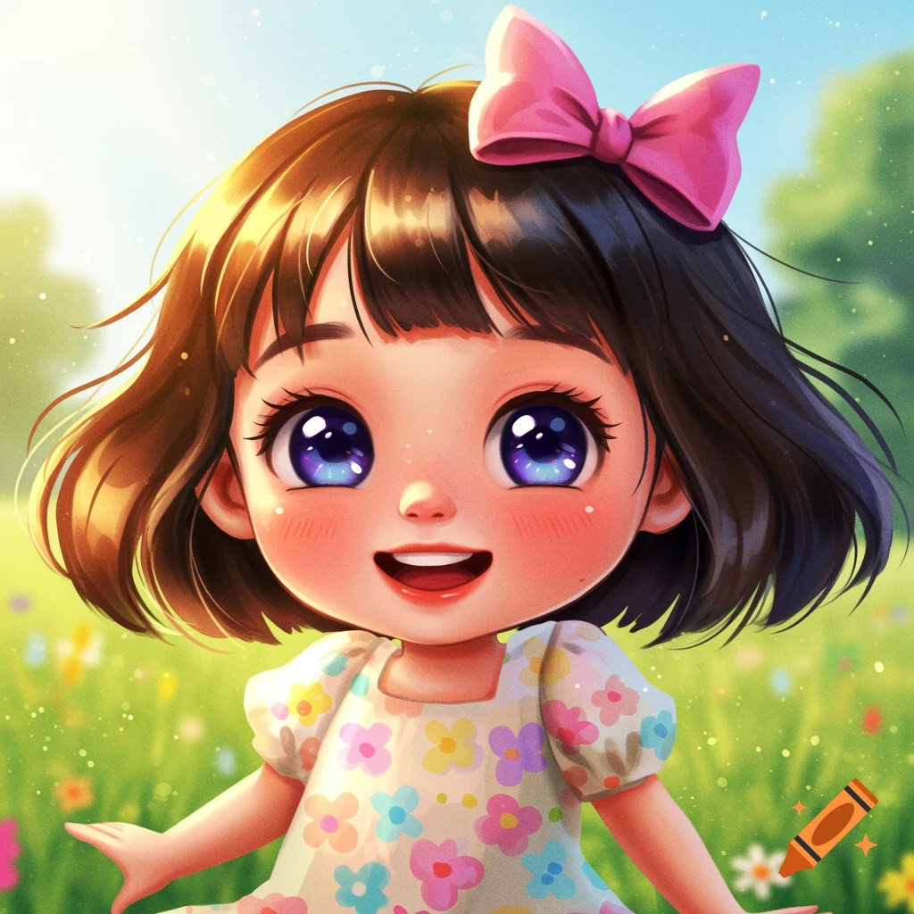 Cute anime-style girl with big eyes and pink bow smiling in a flower meadow