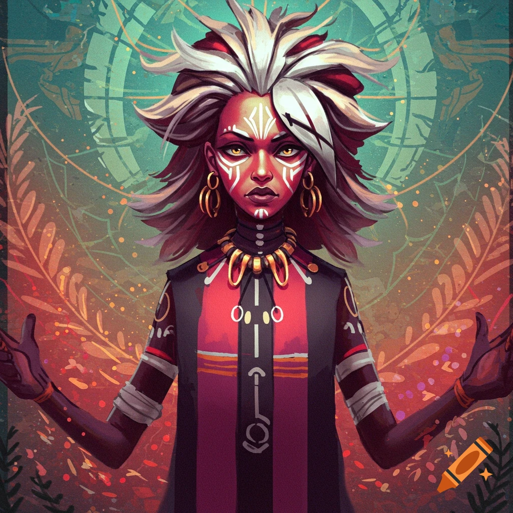 Stylized portrait of a woman with face paint and tribal attire.
