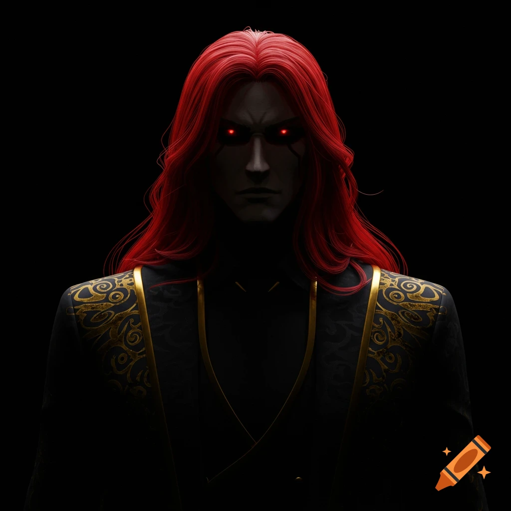 Stylized man with long red hair, glowing red eyes, black suit with gold trim on black background.