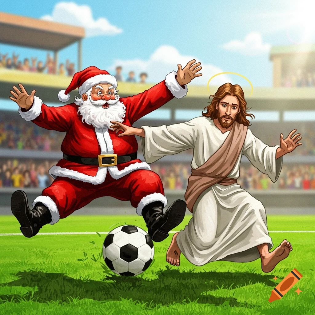 Cartoon illustration of Santa Claus slide tackling Jesus during a soccer game.
