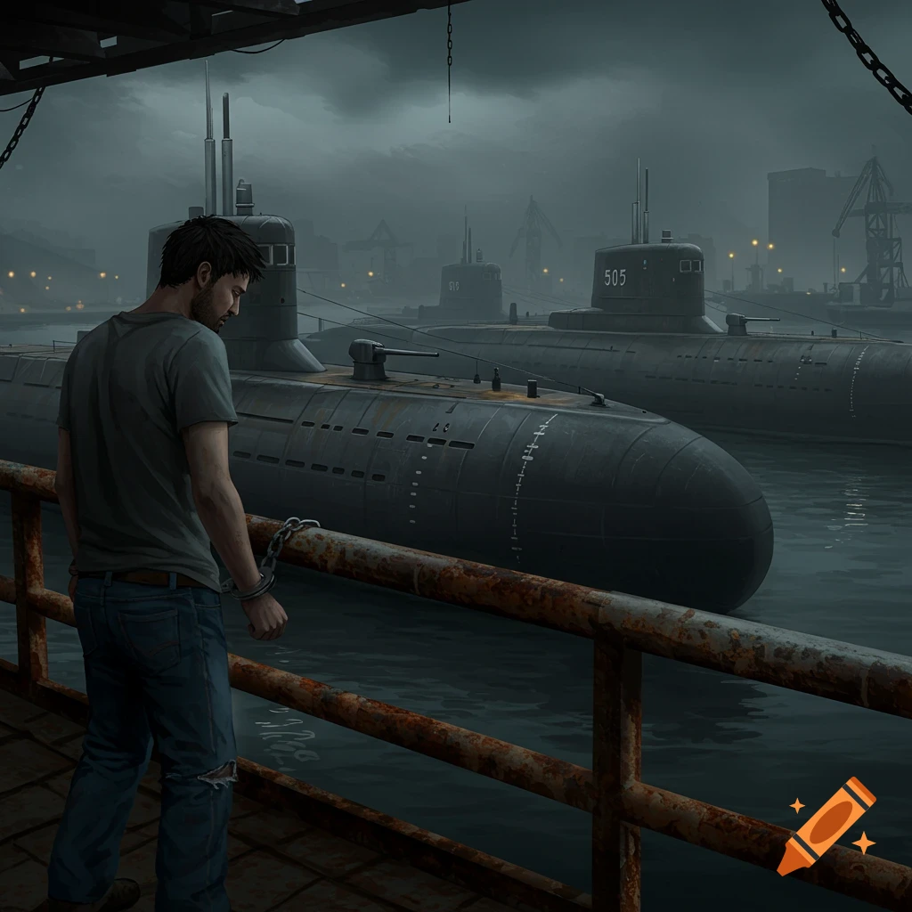 A person handcuffed to a railing looks at submarines in a gloomy harbor.