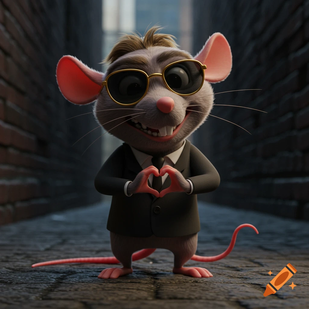 3D cartoon rat in a suit and sunglasses forming a heart in a dark alley.