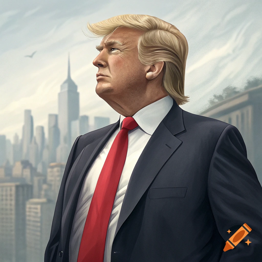 Stylized portrait of Donald Trump in a suit and red tie looking left, with a city skyline in the background.