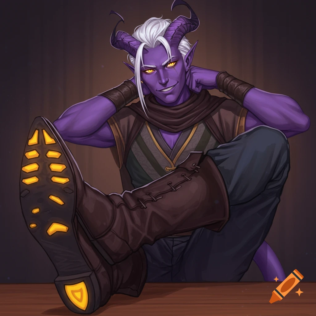 A purple-skinned male tiefling with white hair and yellow eyes sits with his feet on a table, smirking.